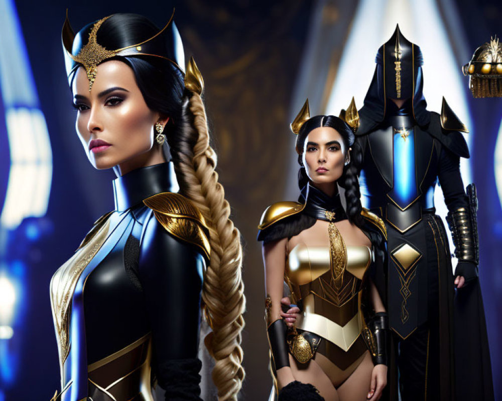 Three individuals in black and gold fantasy warrior costumes against ornate backdrop