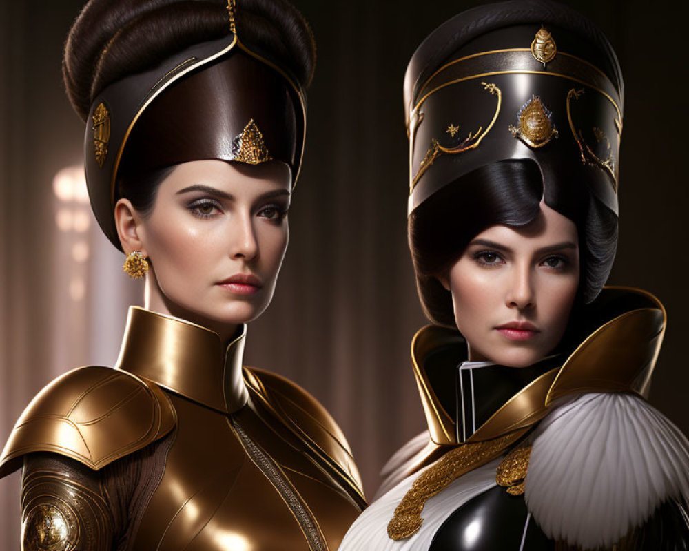 Stylized golden armor women with intricate headdresses