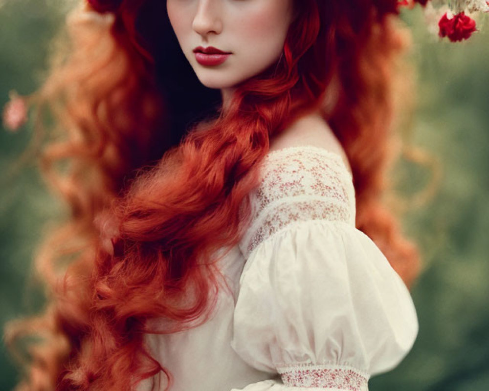 Red-Haired Woman in Floral Crown and Vintage Dress in Nature Setting