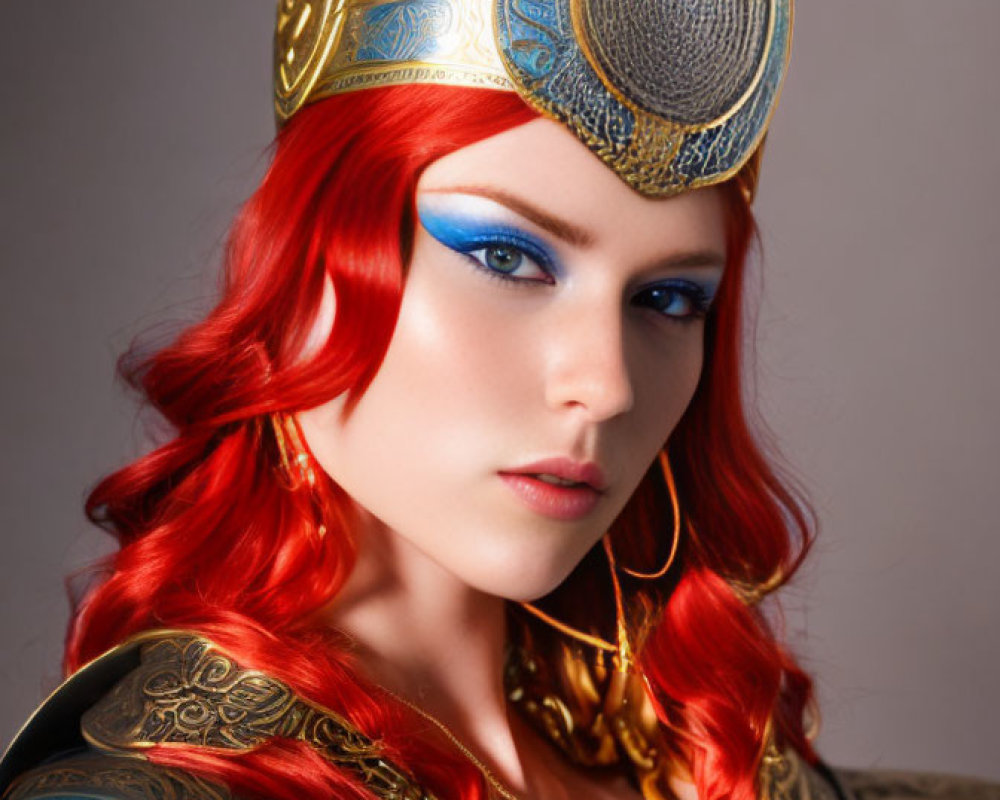 Vibrant red-haired person in golden crown and blue armor