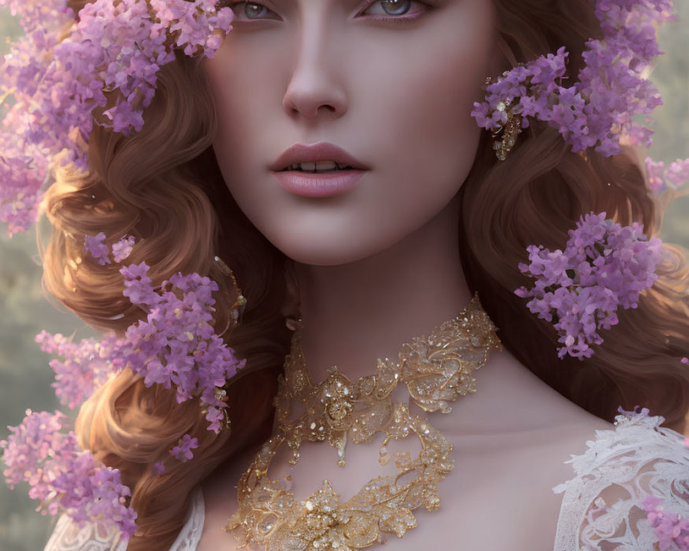 Elaborate Floral Headpiece and Gold Necklace on Woman in Soft-focus Setting