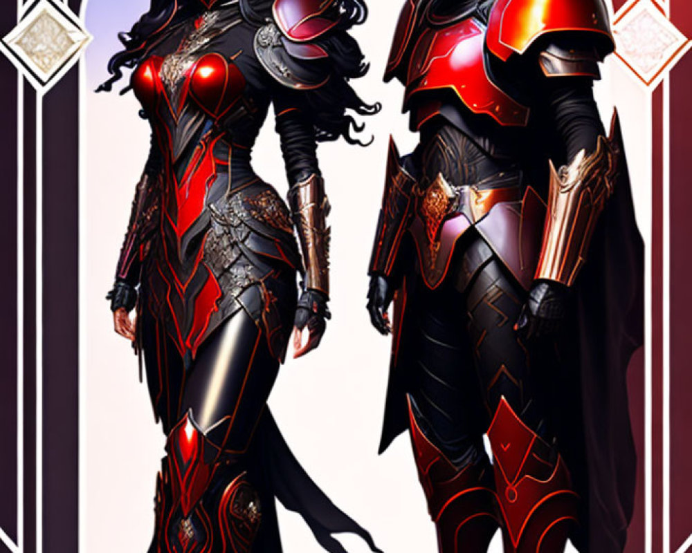 Stylized fantasy queen and knight in red and black armor on decorative backdrop