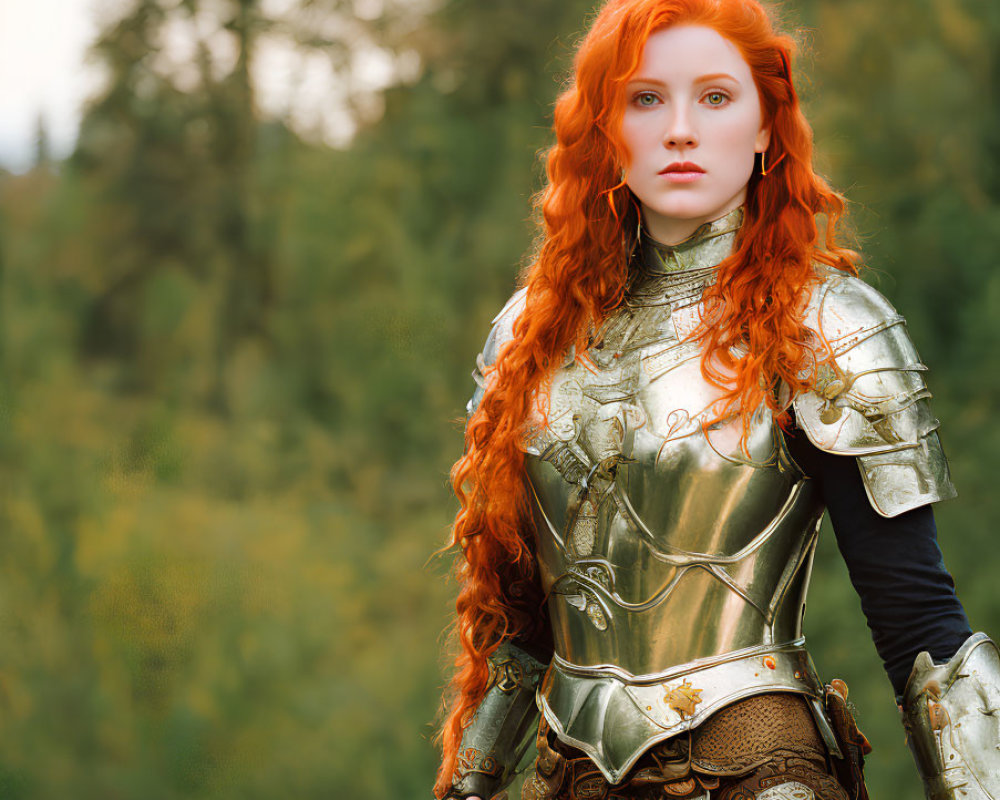 Long Red-Haired Woman in Medieval Armor with Sword in Forest Setting