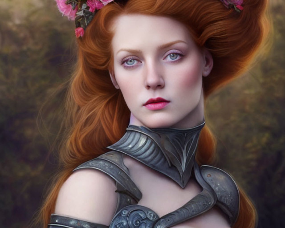 Digital artwork of a woman with red hair, blue eyes in floral crown and ornate armor, fantasy