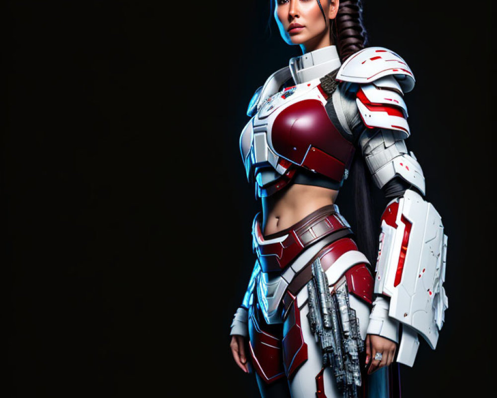 Futuristic woman in red and white armor with braided hairstyle