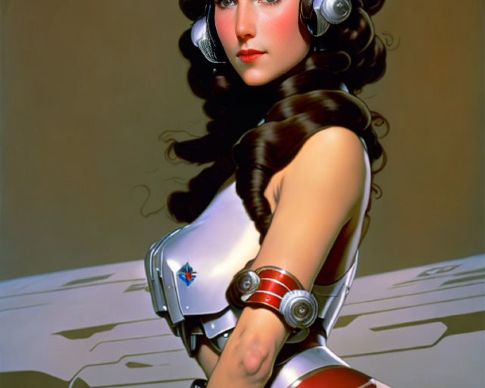 Digital artwork: Woman with retro-futuristic design, mechanical body, vintage hairstyle.