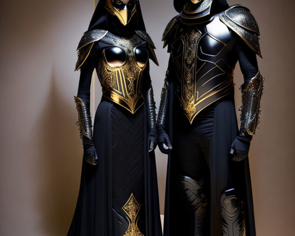 Medieval-inspired black and gold armor on two figures against beige backdrop