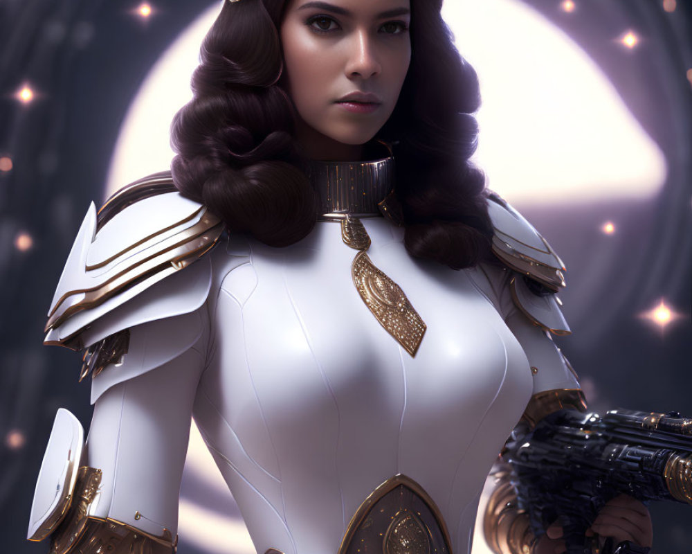 Female character in white and gold sci-fi armor with futuristic firearm in glowing backdrop