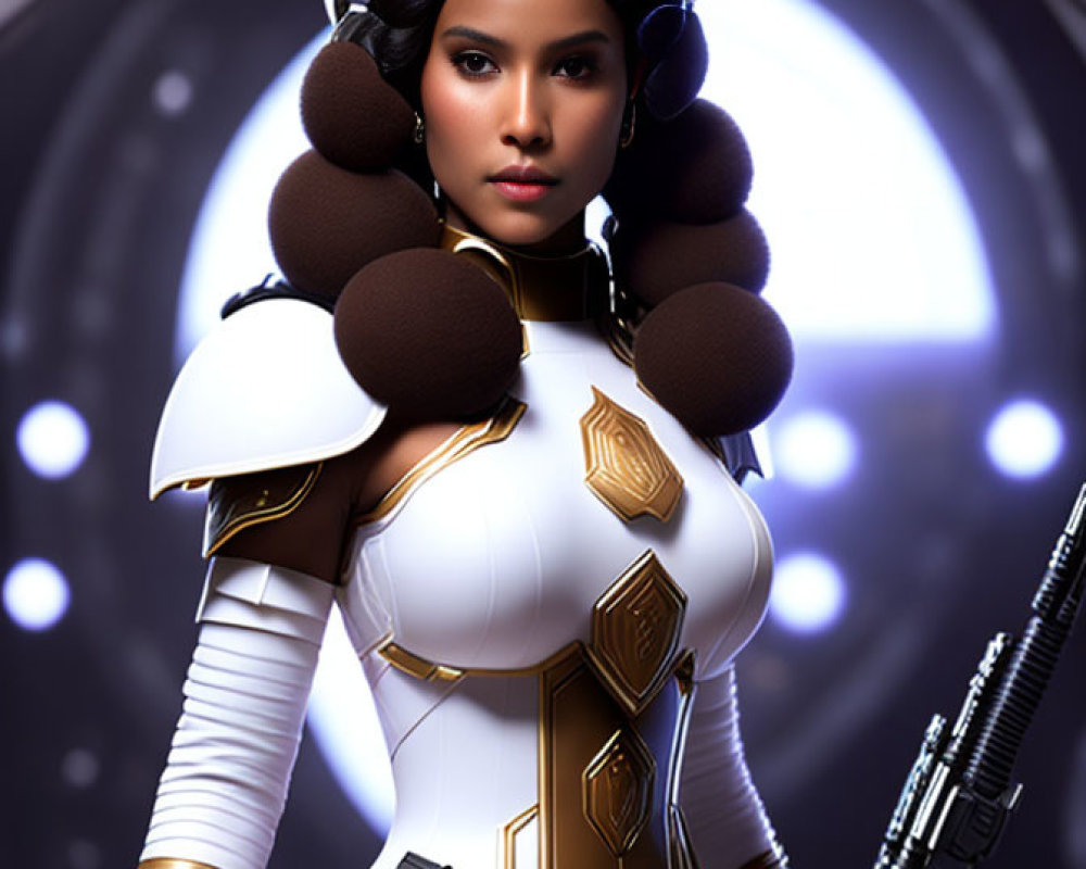 Futuristic woman in white and gold armor with high-tech weapon in sci-fi setting