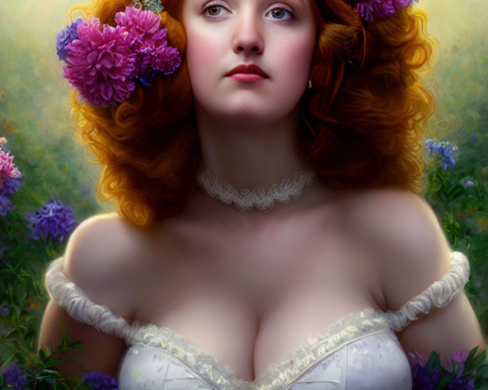 Red-haired woman in corset and floral crown against flower-filled backdrop