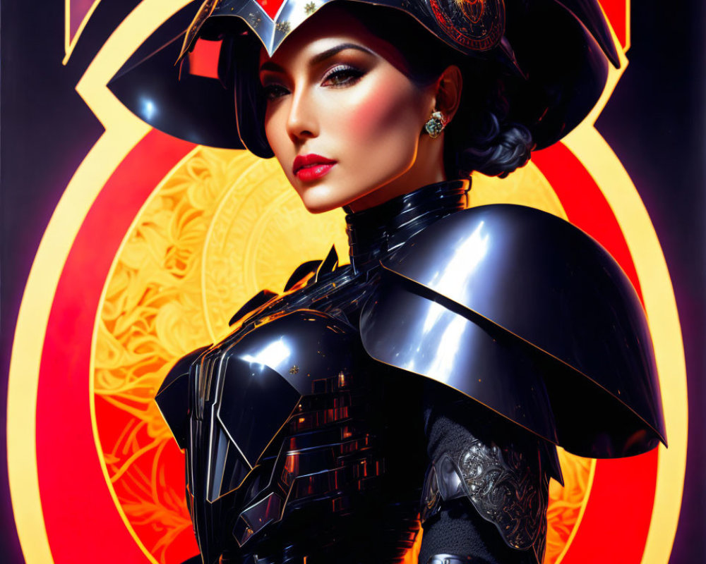 Stylized portrait of person in black armor with red accents on emblematic background