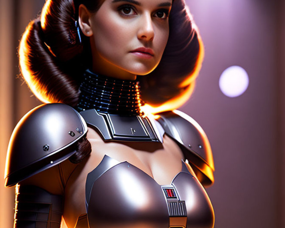 Futuristic female android with human face and metallic armor