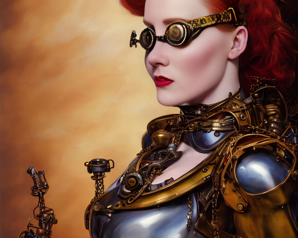 Red-haired woman in vintage steampunk attire with ornate goggles and metallic armor on warm cloudy day