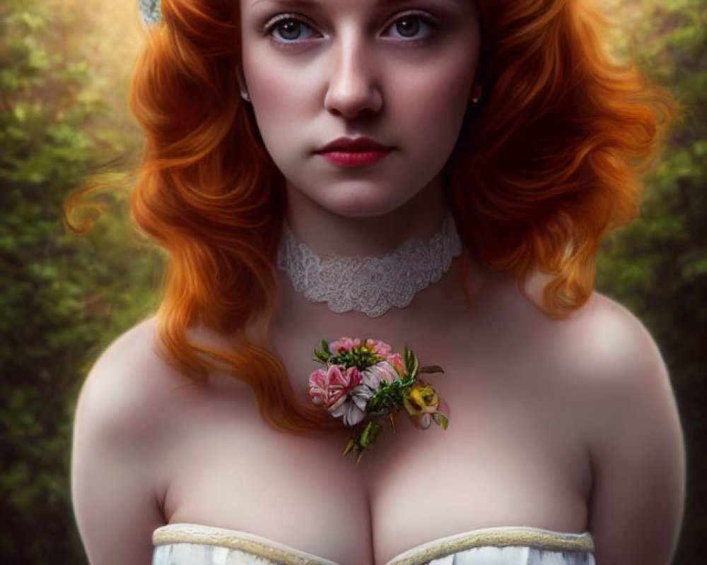 Red-haired woman in floral crown and corset dress against nature backdrop