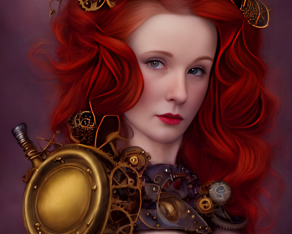 Vibrant red-haired woman in steampunk headdress on maroon backdrop