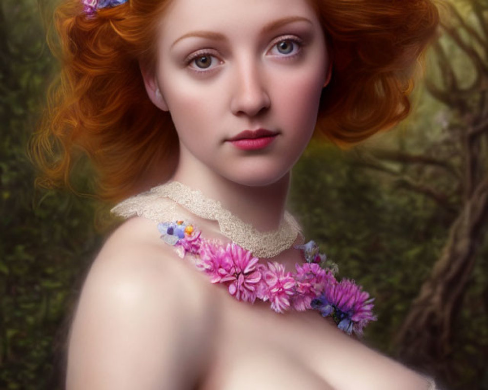 Portrait of woman with curly red hair in floral crown and dress against natural backdrop