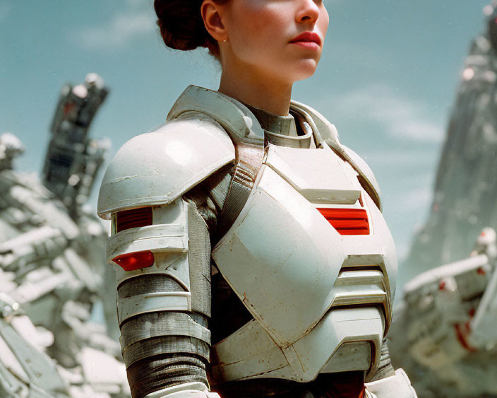 Futuristic white armor woman faces massive robots under blue sky