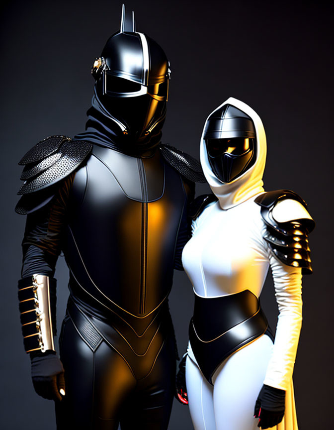 Futuristic figures in black and white armor on dark background