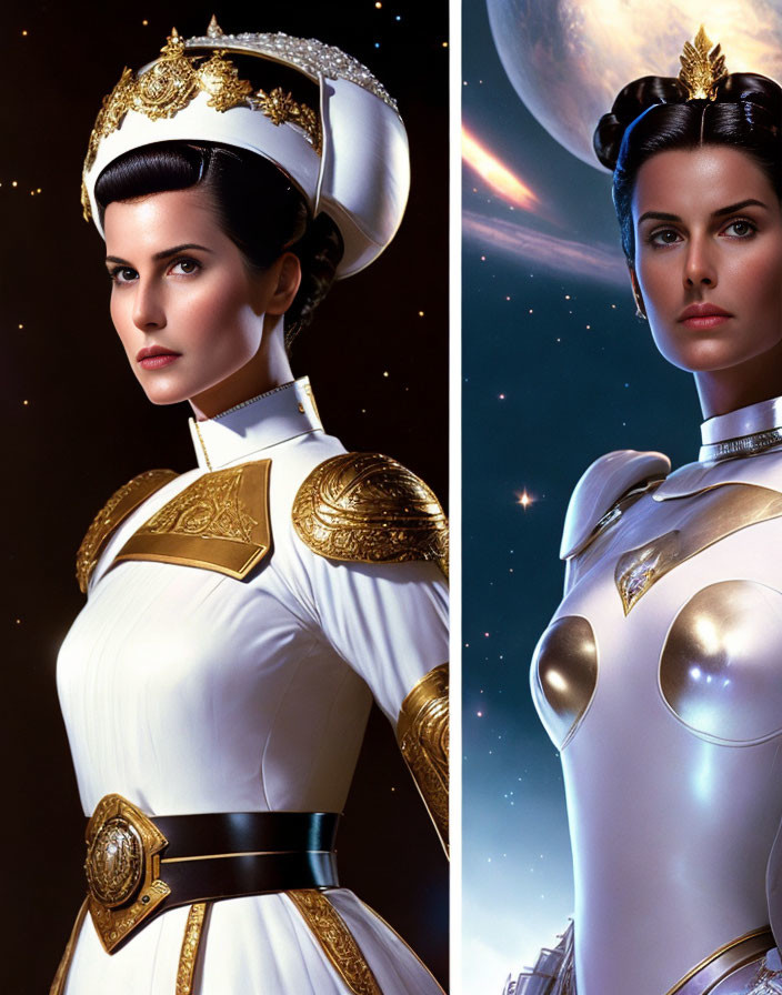 Futuristic woman in white and gold costume with crown headpiece in space backdrop