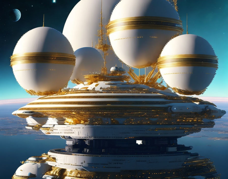 Futuristic cityscape with floating spherical structures and golden accents under a starry sky.