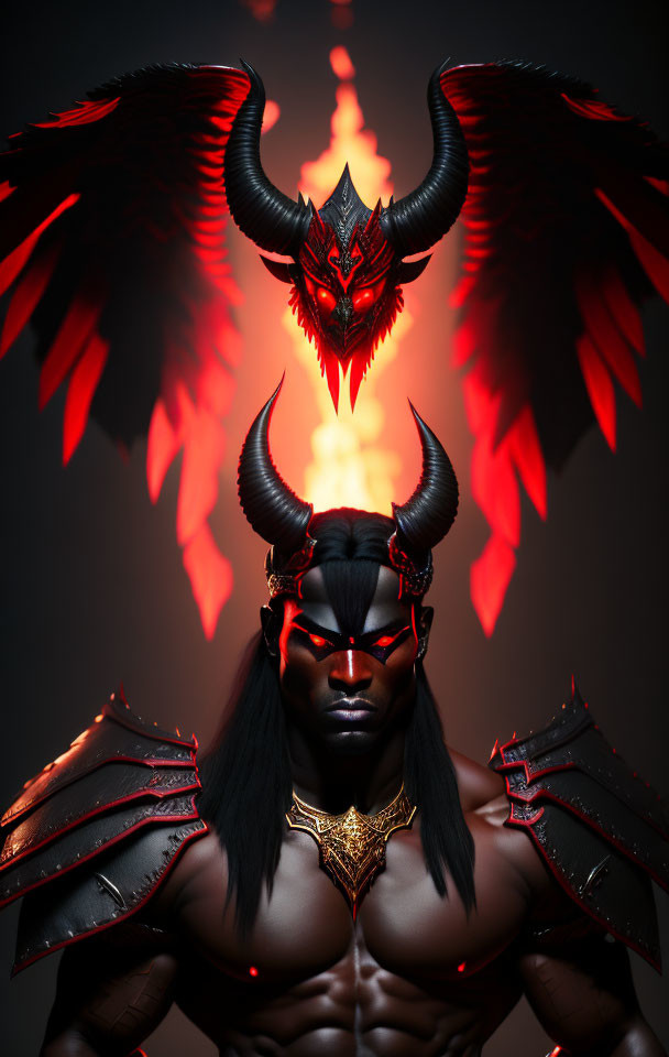 Person in demon costume with red wings, horns, and dark armor in red-lit setting