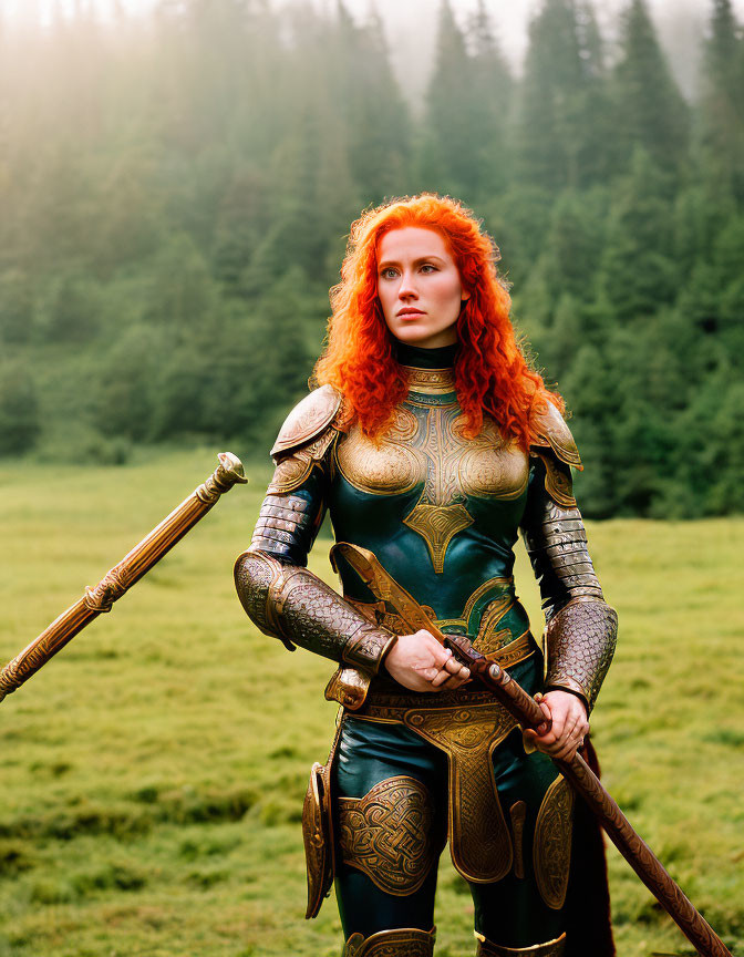 Red-haired woman in medieval armor wields sword in misty forest.