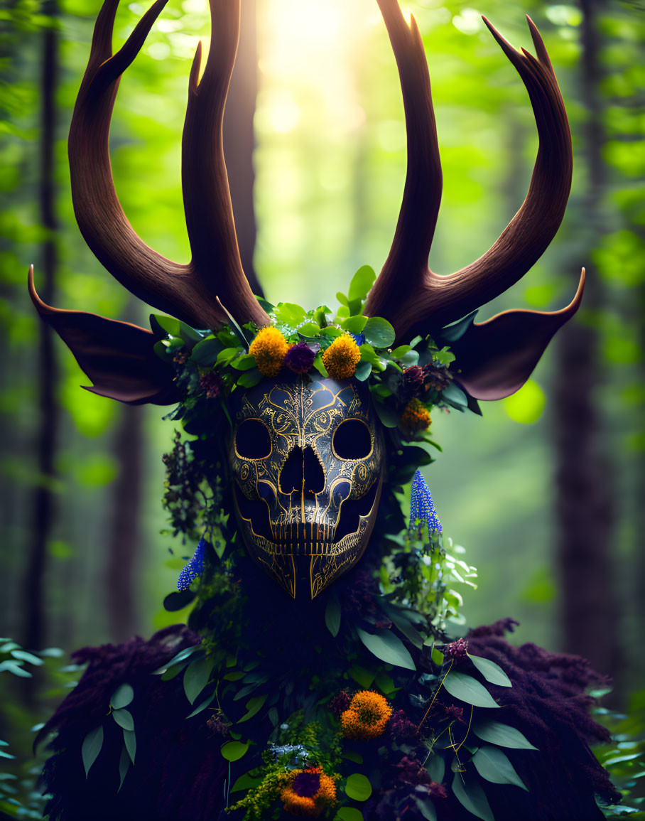 Skull Mask with Antlers and Flowers in Forest Setting