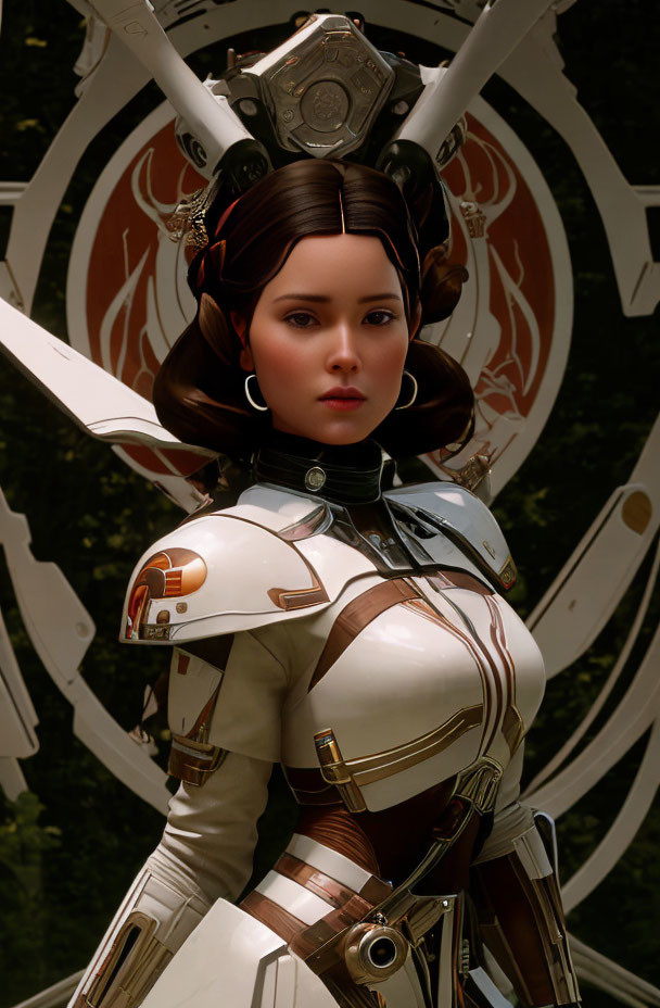 Futuristic woman in white armor with metallic headpiece and ornate designs.