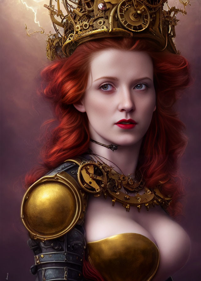 Digital artwork of woman with red hair, pale skin, golden crown, steampunk armor, lightning