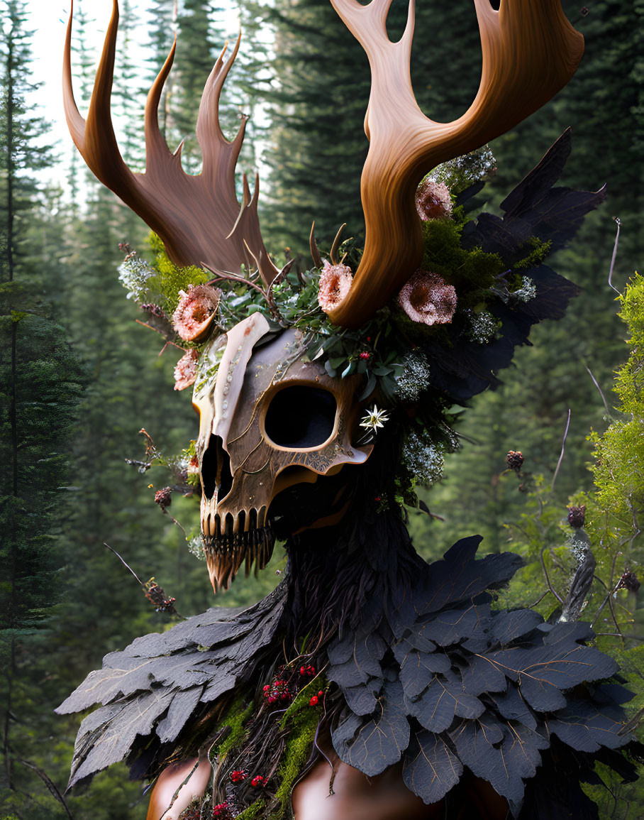 Forest spirit with skull, antlers, flowers, and foliage in pine tree setting