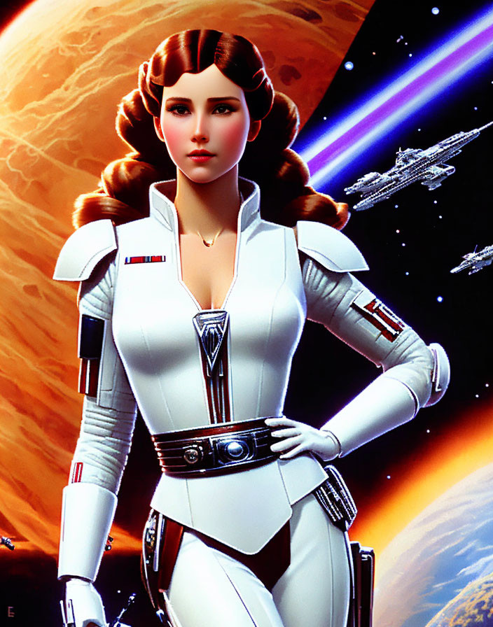 Digital illustration: Woman in white sci-fi uniform with planet and spaceships.