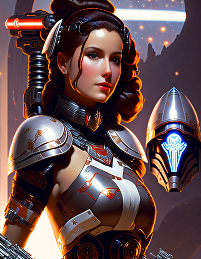 Futuristic female warrior in sleek armor with red energy weapon and detailed mechanical helmet under starlit sky