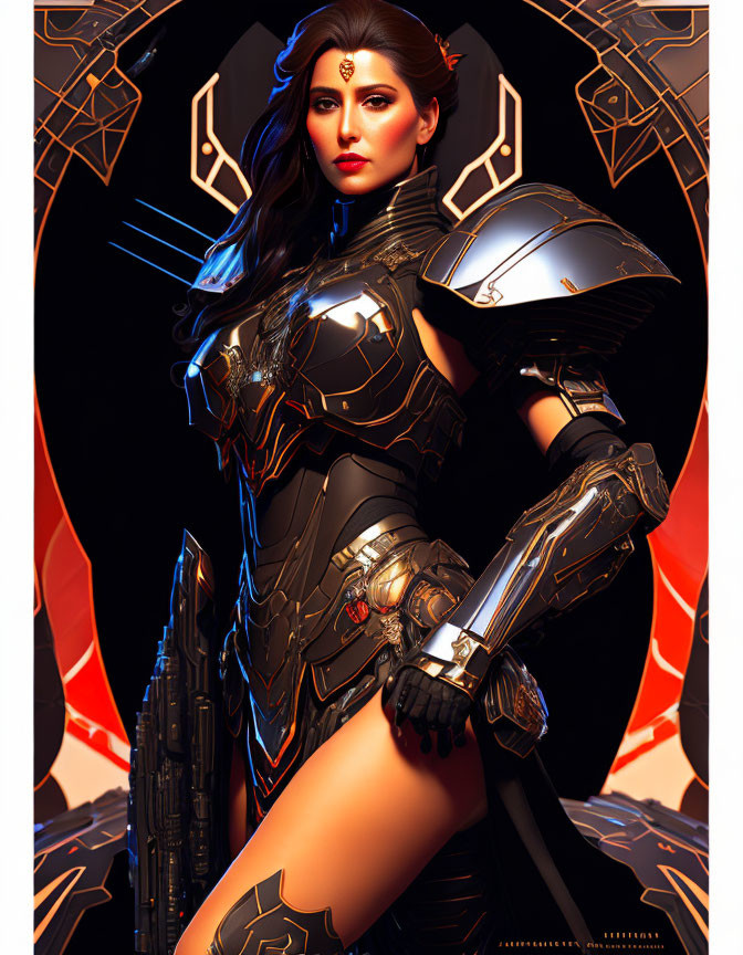 Futuristic female figure in black armor with orange accents poses against abstract backdrop