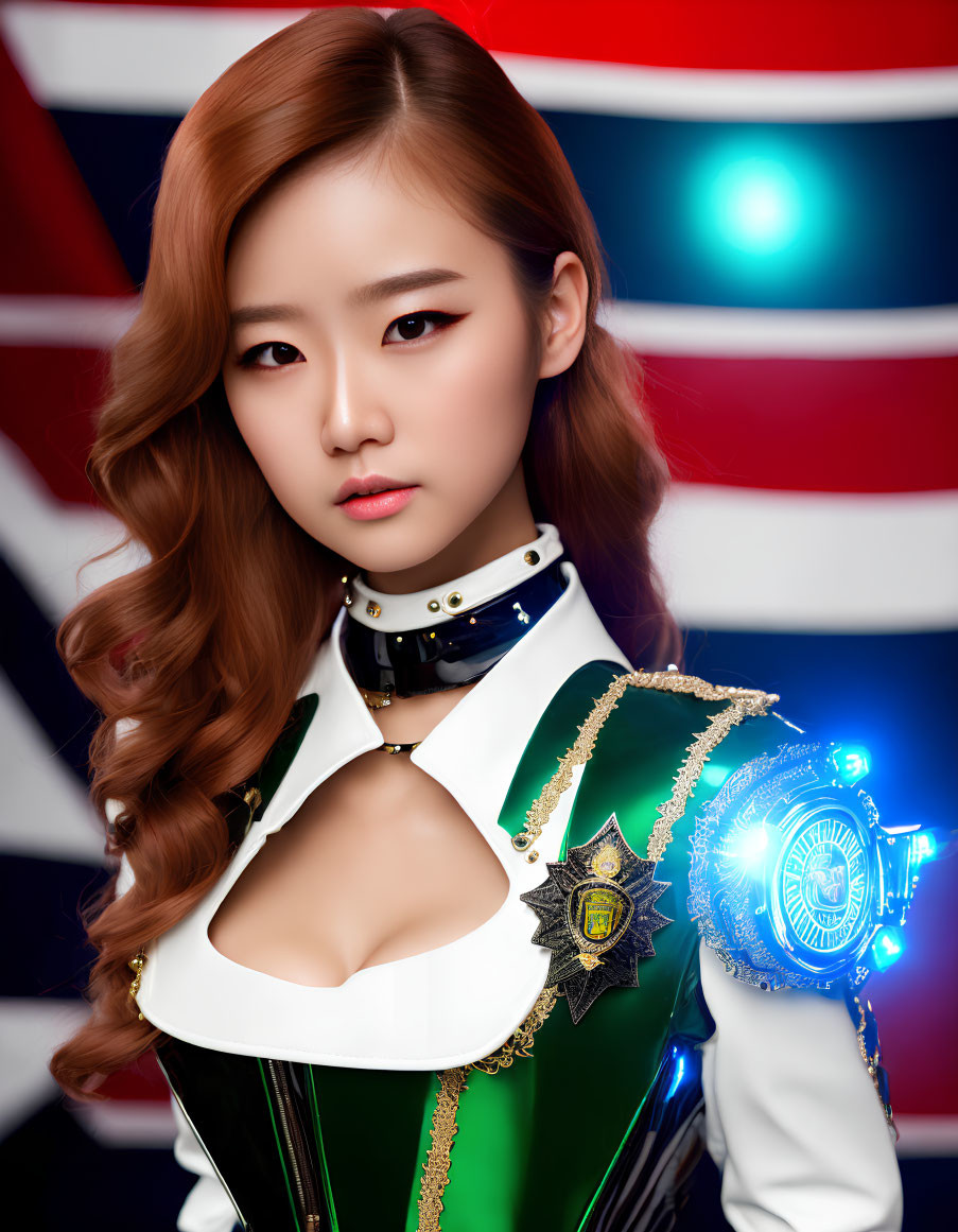 Digital artwork of woman with holographic device in futuristic military uniform.