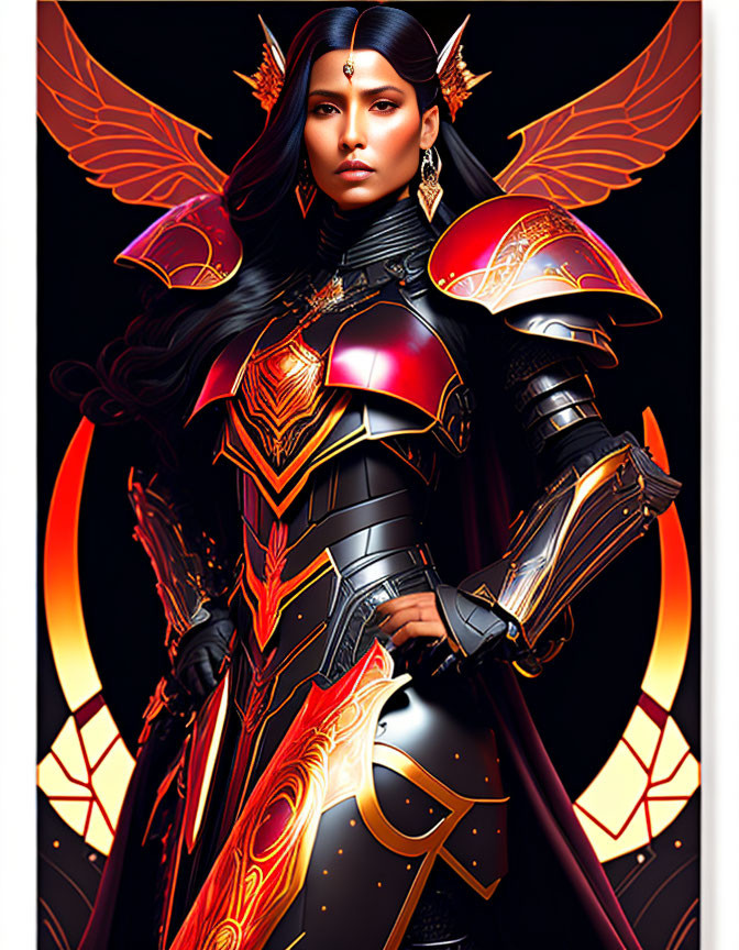 Illustrated female warrior in red and gold armor with wings and sword on dark backdrop