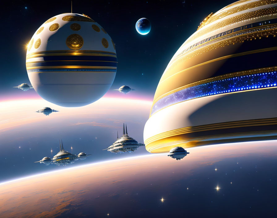 Futuristic spacecrafts orbiting a planet under star-filled sky