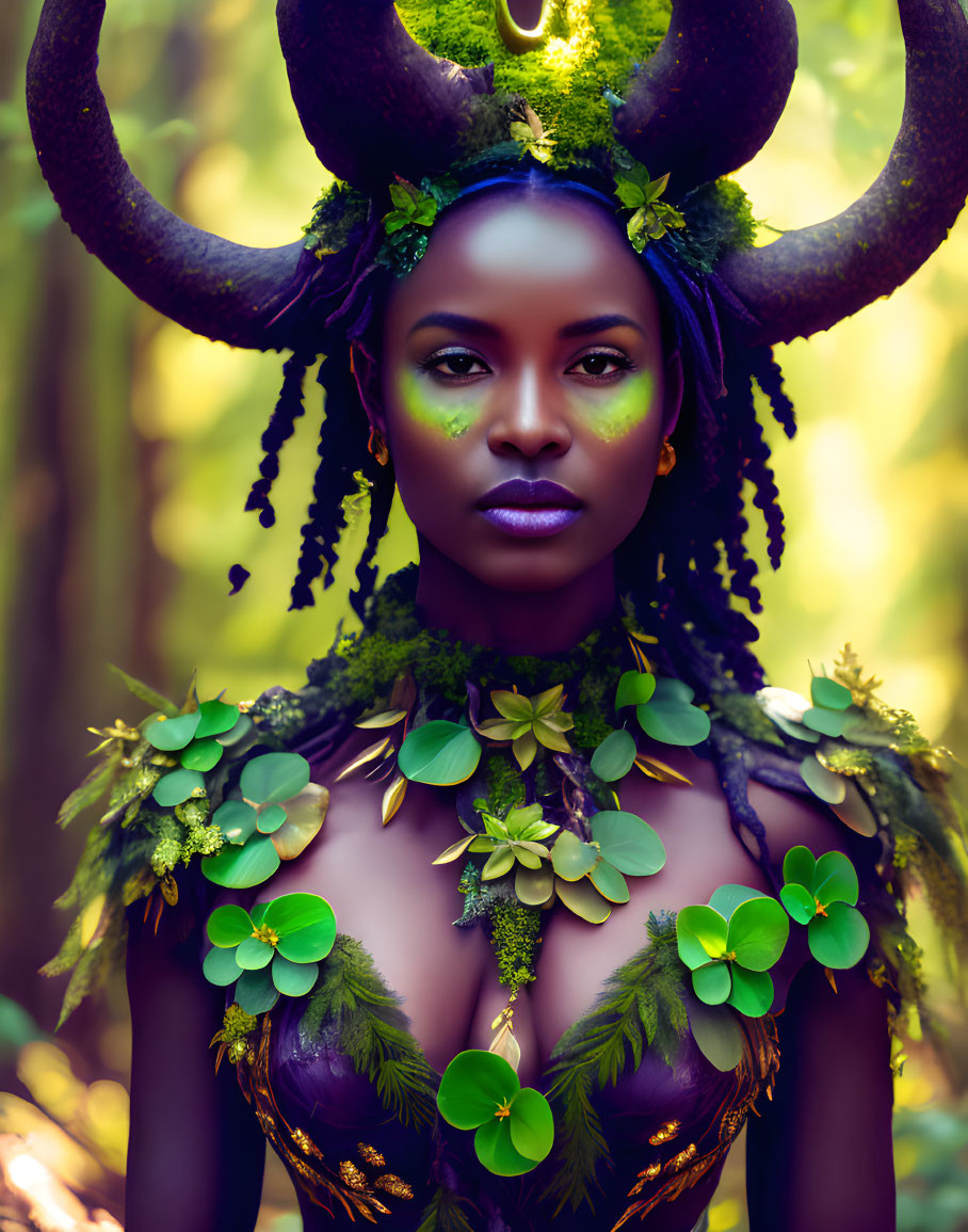 Forest Nymph Woman with Horned Headdress in Greenery Makeup