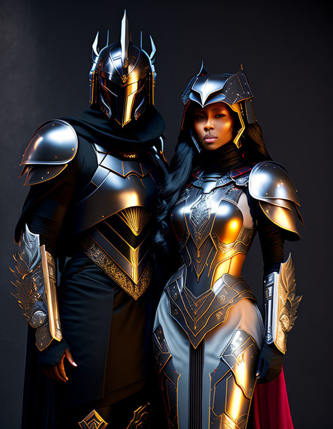 Fantasy armor with metallic and leather elements on two individuals