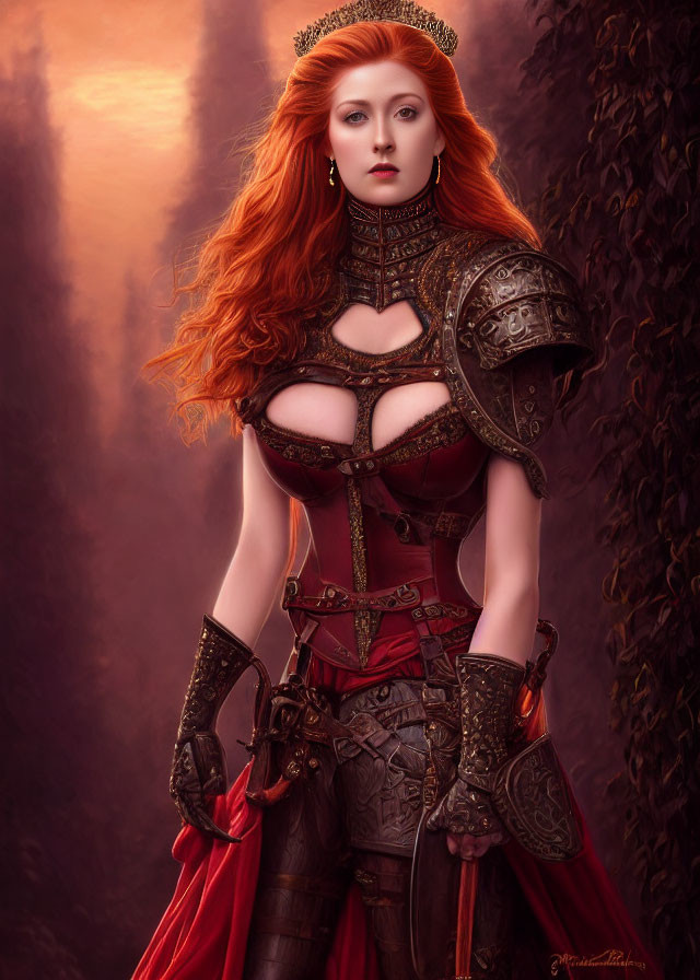 Red-Haired Female Warrior in Ornate Armor on Moody Red Background