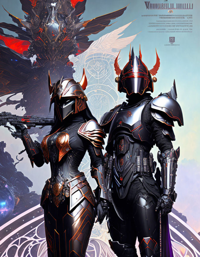 Futuristic warriors in black and orange armor with mythical creature in background