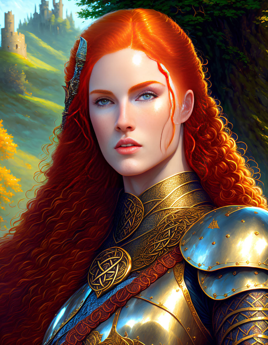 Red-Haired Woman in Ornate Armor with Fantasy Medieval Backdrop