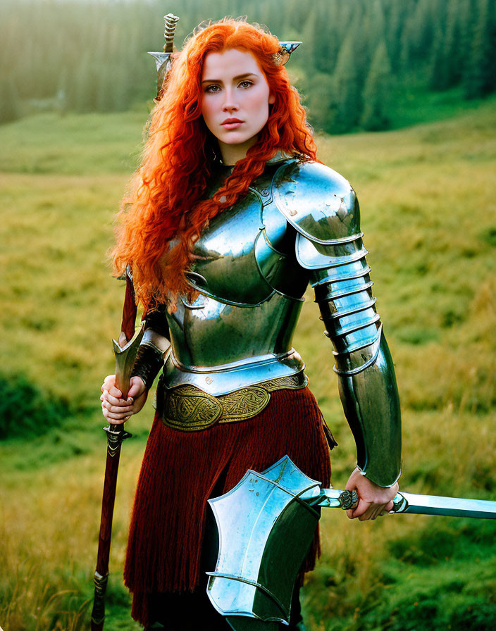 Vibrant red-haired woman in medieval armor with sword and axe in grassy field