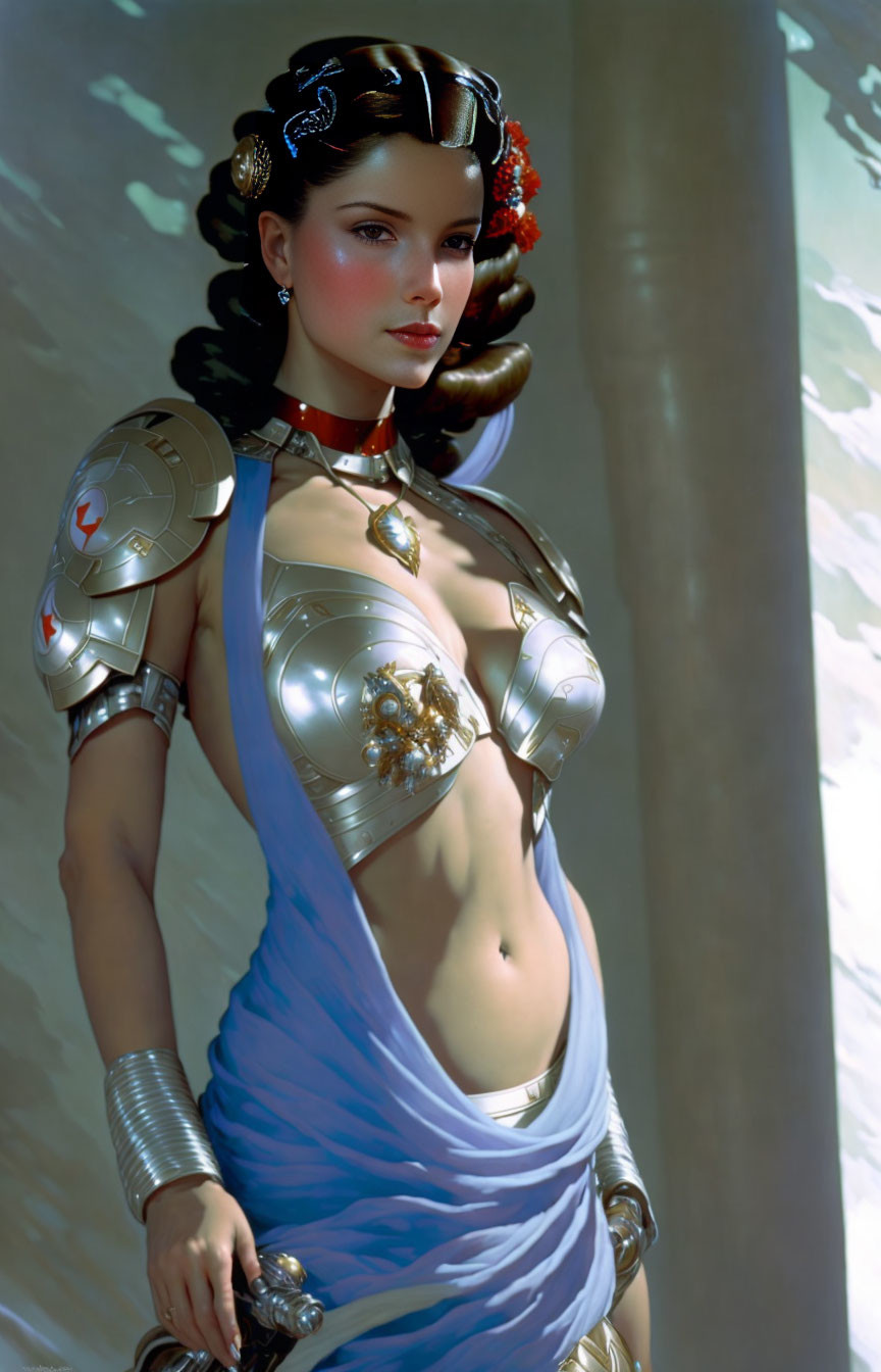 Futuristic woman in armor with blue garment and electronic hair accessories