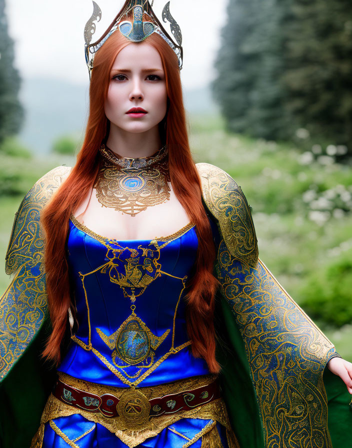 Red-haired woman in blue and gold medieval attire with crown in lush setting