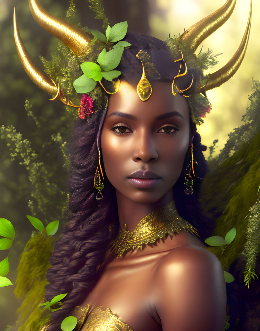 Golden-horned mystical woman with braided hairstyle and elegant jewelry in forest setting