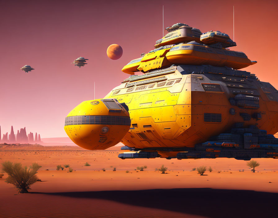 Futuristic yellow spaceship over desert with smaller ships and distant planet