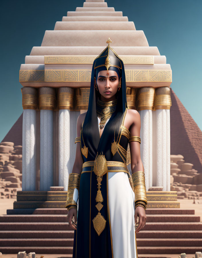 Digital illustration: Woman in ancient Egyptian royal attire by pyramid and temple.