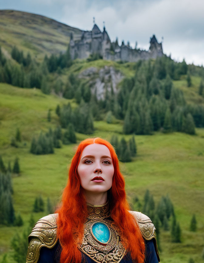 Medieval-themed painting of a woman with vibrant red hair and castle in the background