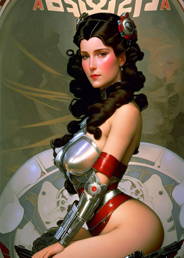 Female character with cybernetic arm in red and silver outfit against retro-futuristic backdrop