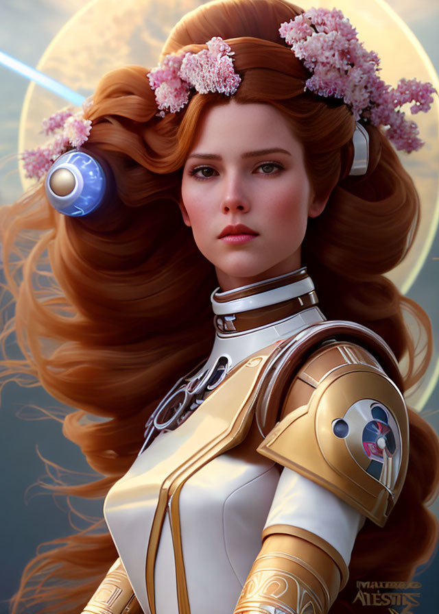 Digital artwork of woman with wavy hair, cherry blossoms, futuristic armor, serene expression